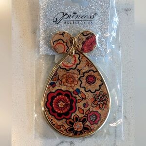 Large Floral Cork Dangly Earrings Brown Red